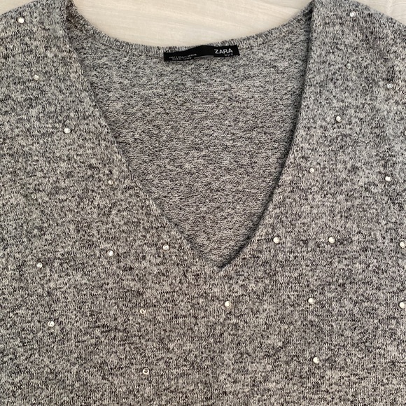 Zara Heather Grey Knit Long Sleeve V-Neck Sweater Top Pullover Sz. S black label - Picture 7 of 13